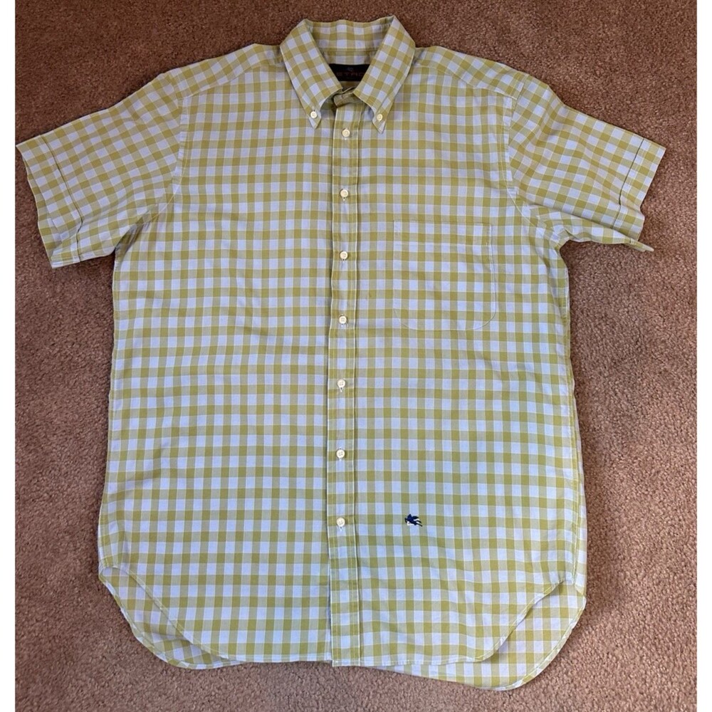 ETRO Shirt Mens 43 Green Plaid Milano Causal Short Sleeve Button Made In Italy